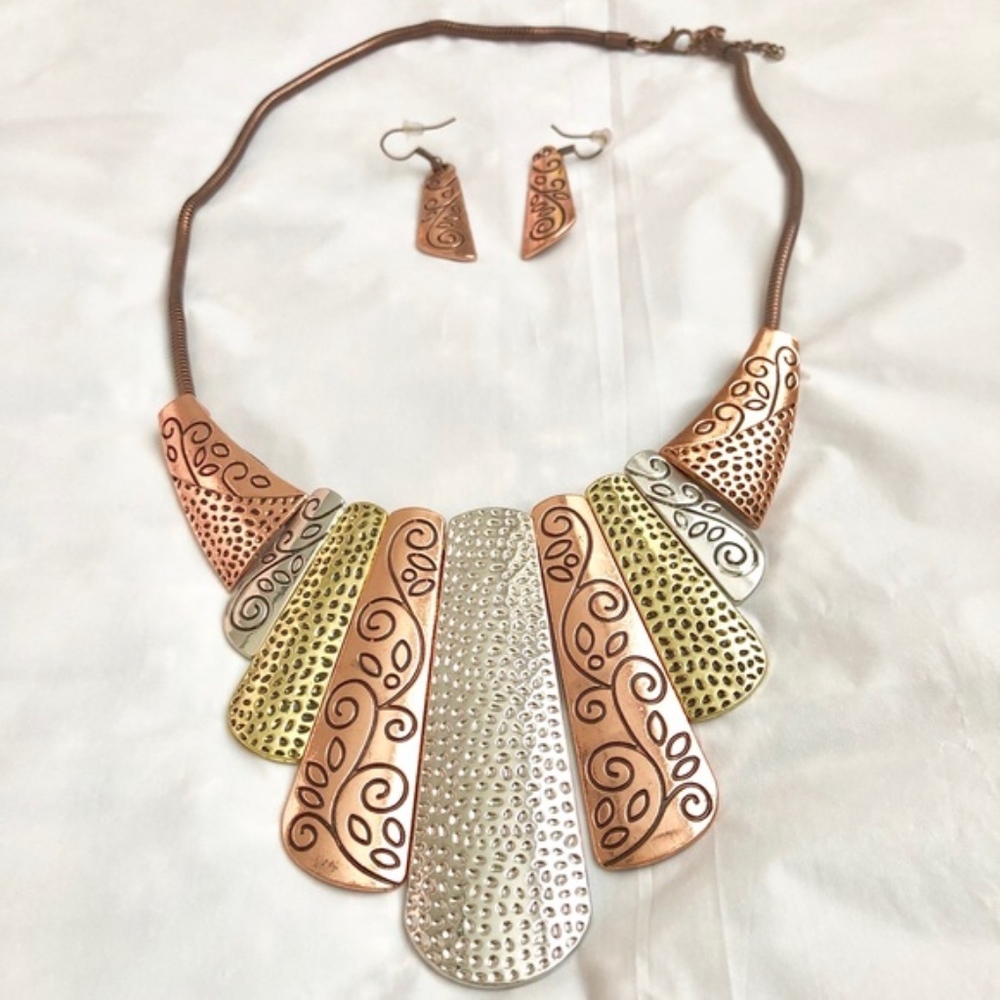 Tribal Copper Silver Gold Fan Bib Necklace - Picture 2 of 7